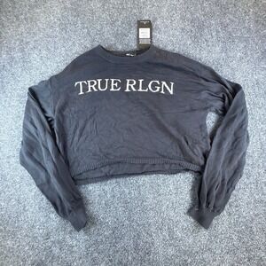 True Religion Cropped Logo Sweater Womens Large Black Knitted Cotton Relaxed Fit